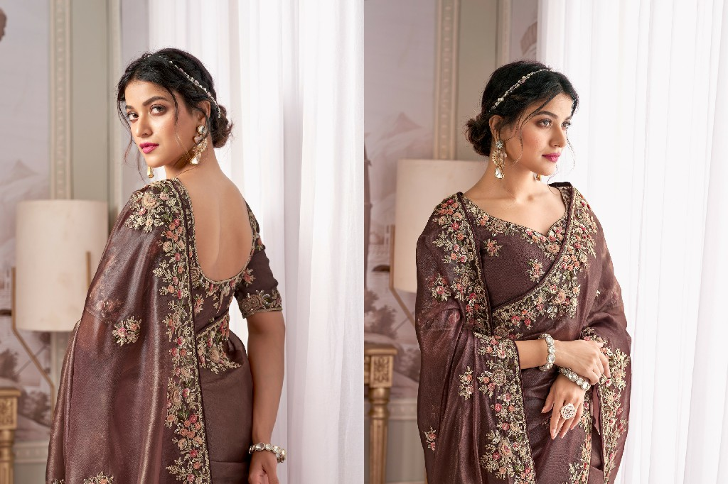 Sanjana Bridal - Chocoladebruin Bloemen Bridal Saree