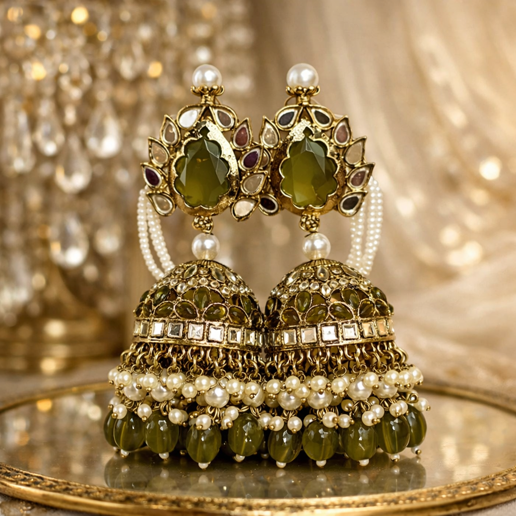 Olijfgroene Jhumka Oorbellen | Kundan & Parels