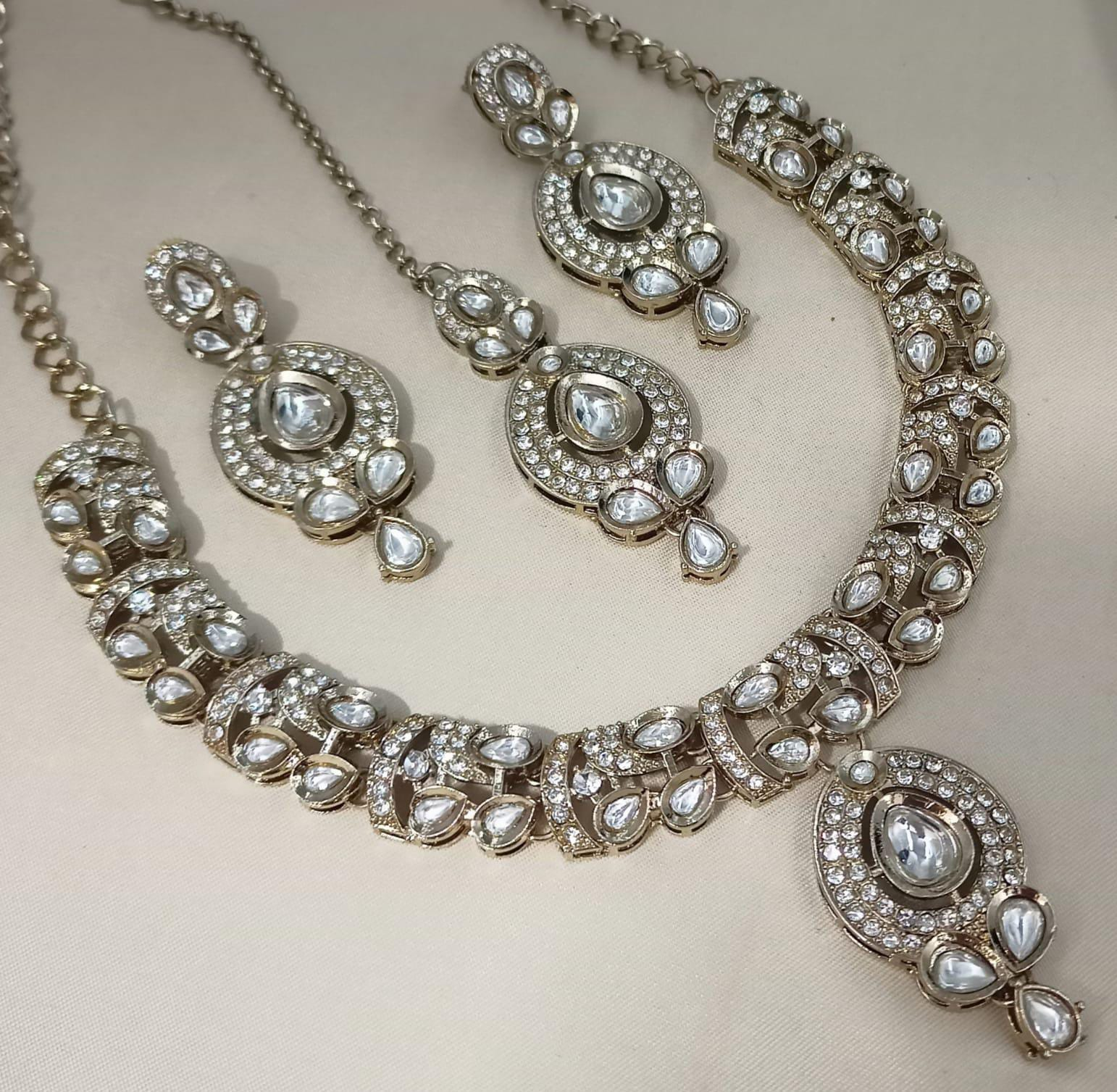 Polki Choker Sieradenset | Ketting & Oorbellen Wit Kristal