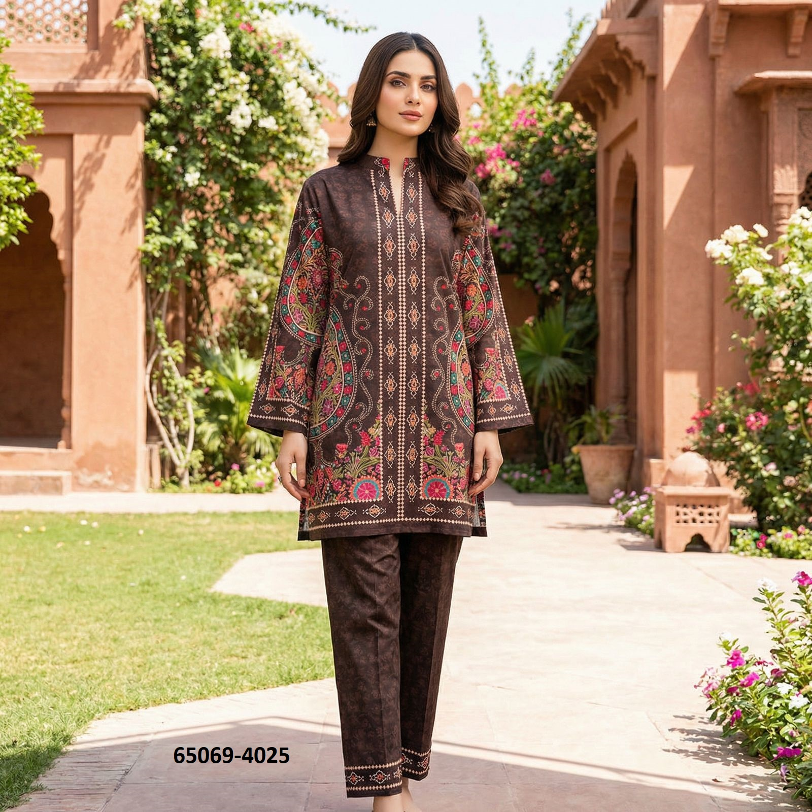 Lora Vogue Co-ord Set - Donkerbruin met Paisley & Bloemenprint