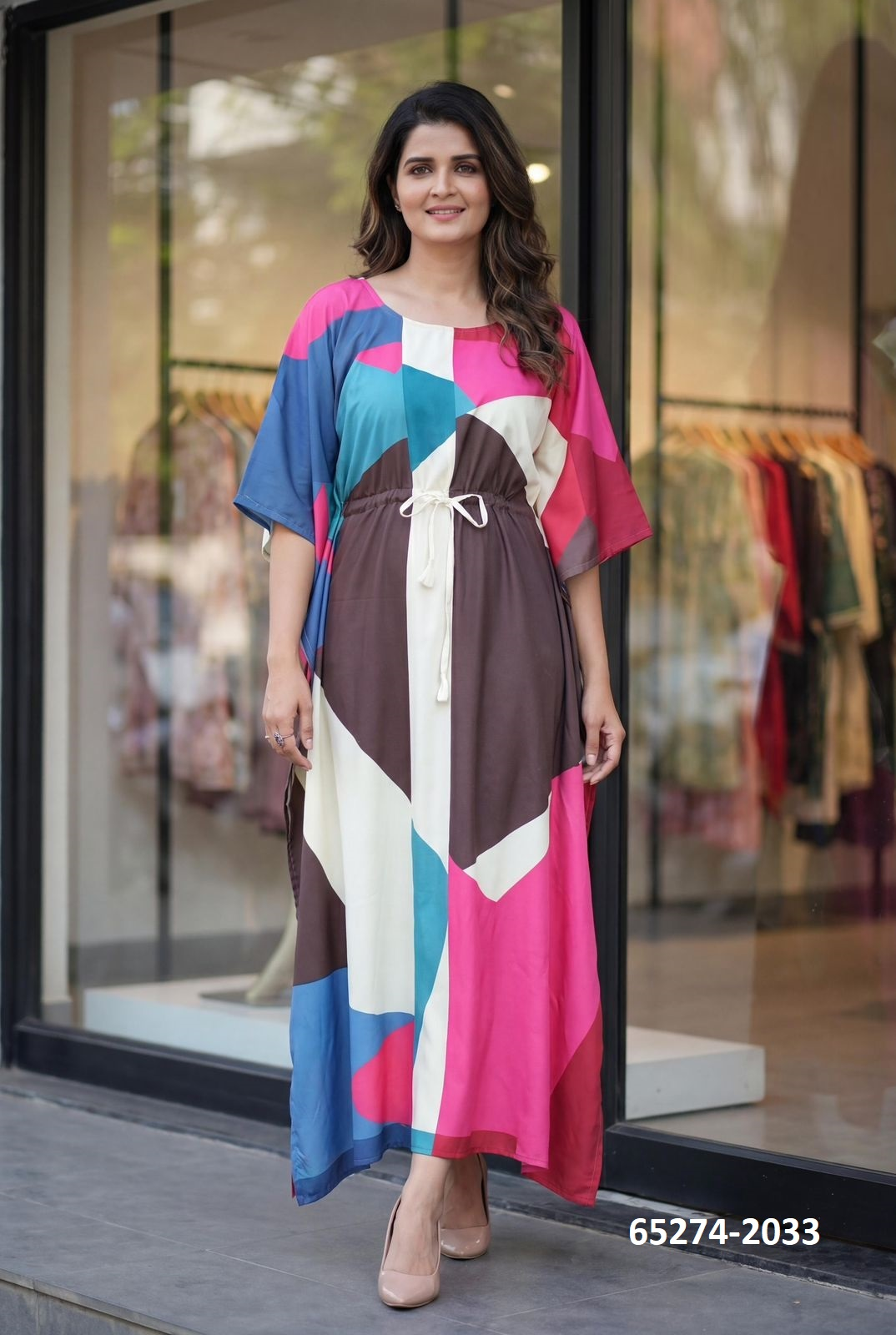 Kaftan / Poncho - Multicolor Kleurblok Geometrische Print | Free Size