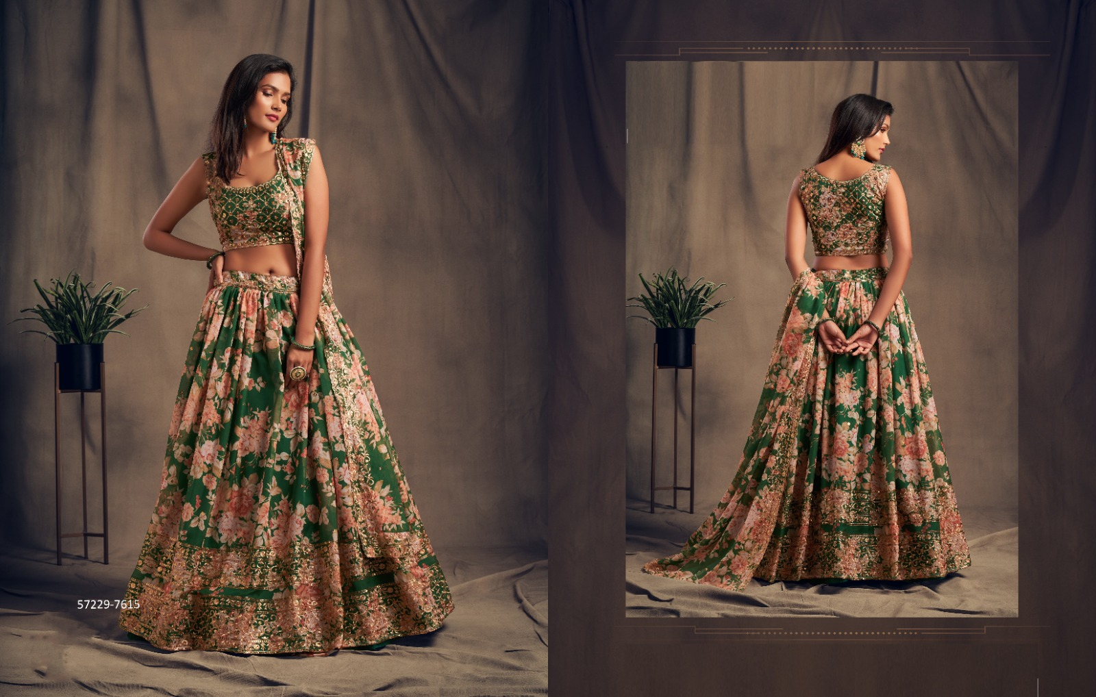Green Floral Organza Lehenga – 57229-7613