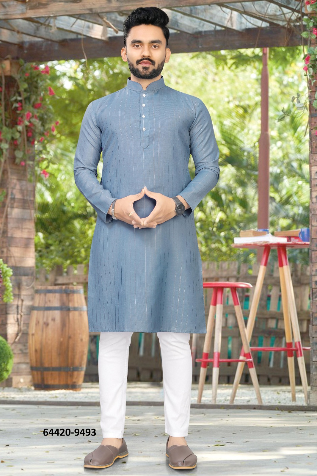 Heren Kurta Pajama - Staalblauw Pure Slub Cotton (9493)