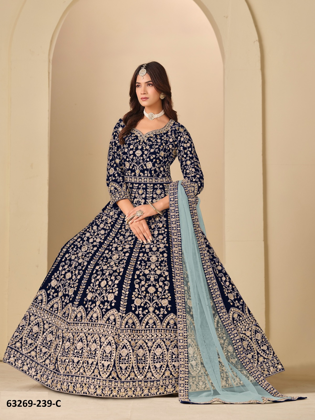 Navy Blue Velvet Anarkali Floor-Length Suit