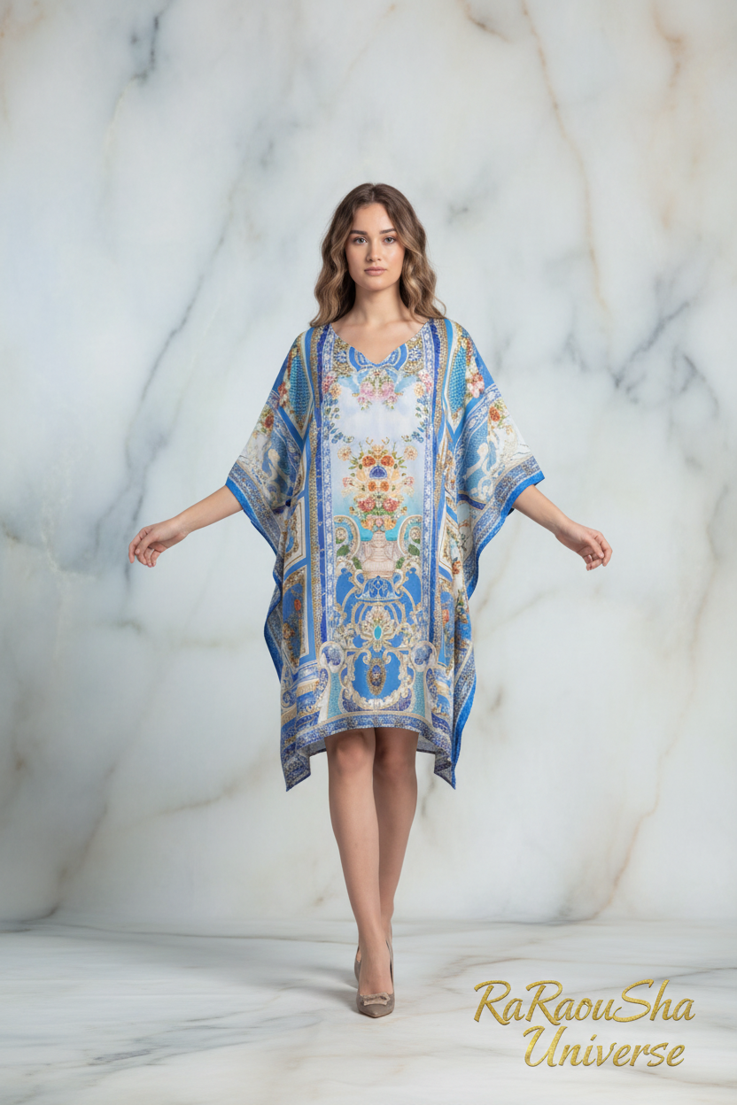 Blue White Silk Poncho Kaftan voorkant