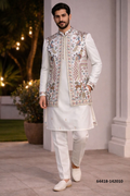 Heren Kurta Pajama met Jacket - Wit Donair Borduurwerk (142010)