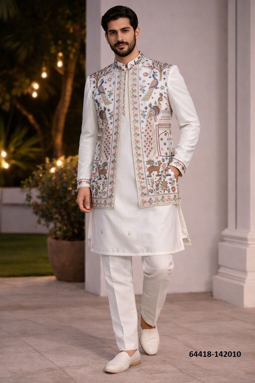 Heren Kurta Pajama met Jacket - Wit Donair Borduurwerk (142010)