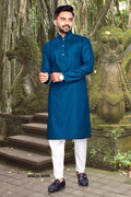 Heren Kurta Pajama - Petrolblauw Pure Slub Cotton (9495)