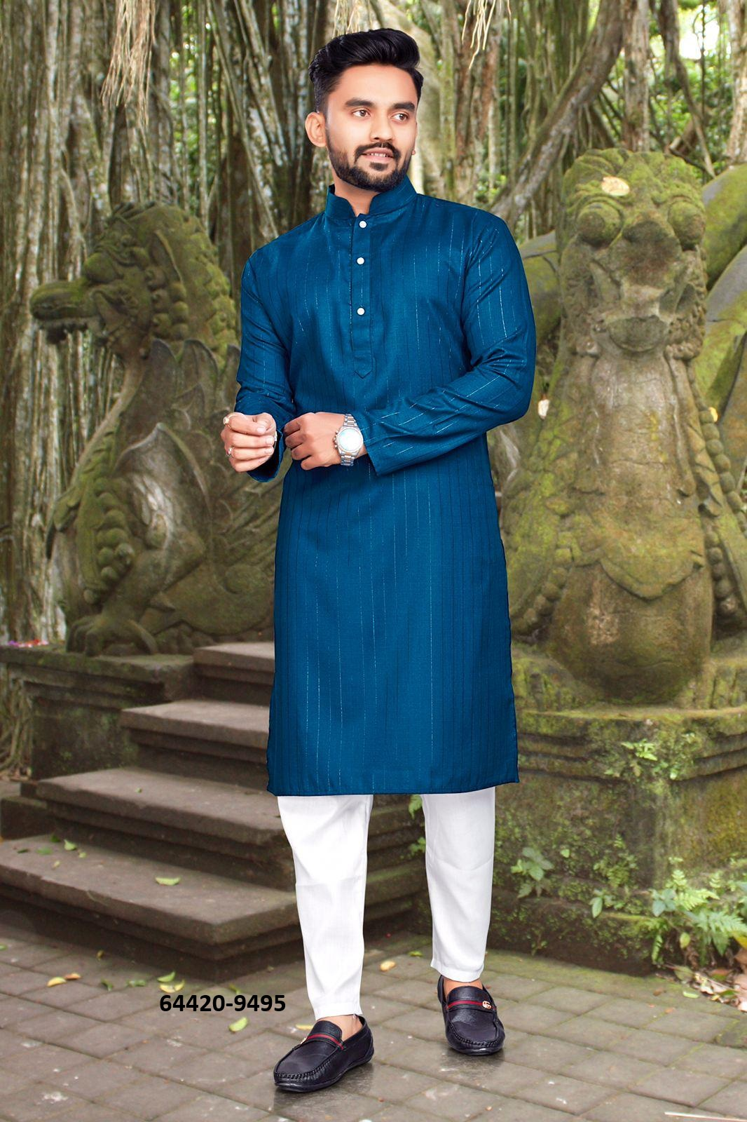 Heren Kurta Pajama - Petrolblauw Pure Slub Cotton (9495)