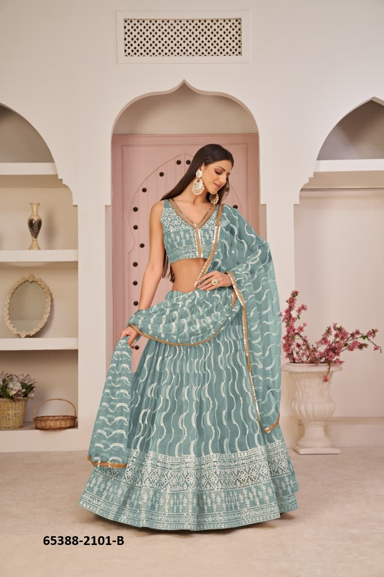 Teal Net Embroidery Lehenga – 65388-2101-B