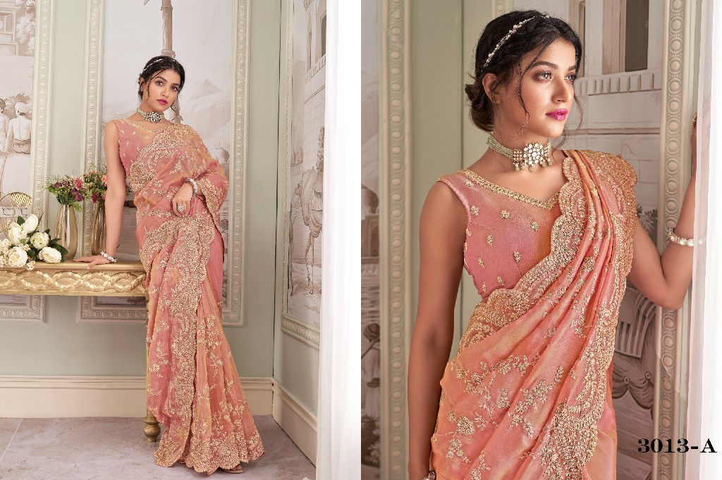 Sanjana Bridal - Perzik & Goud Bloemen Bridal Saree