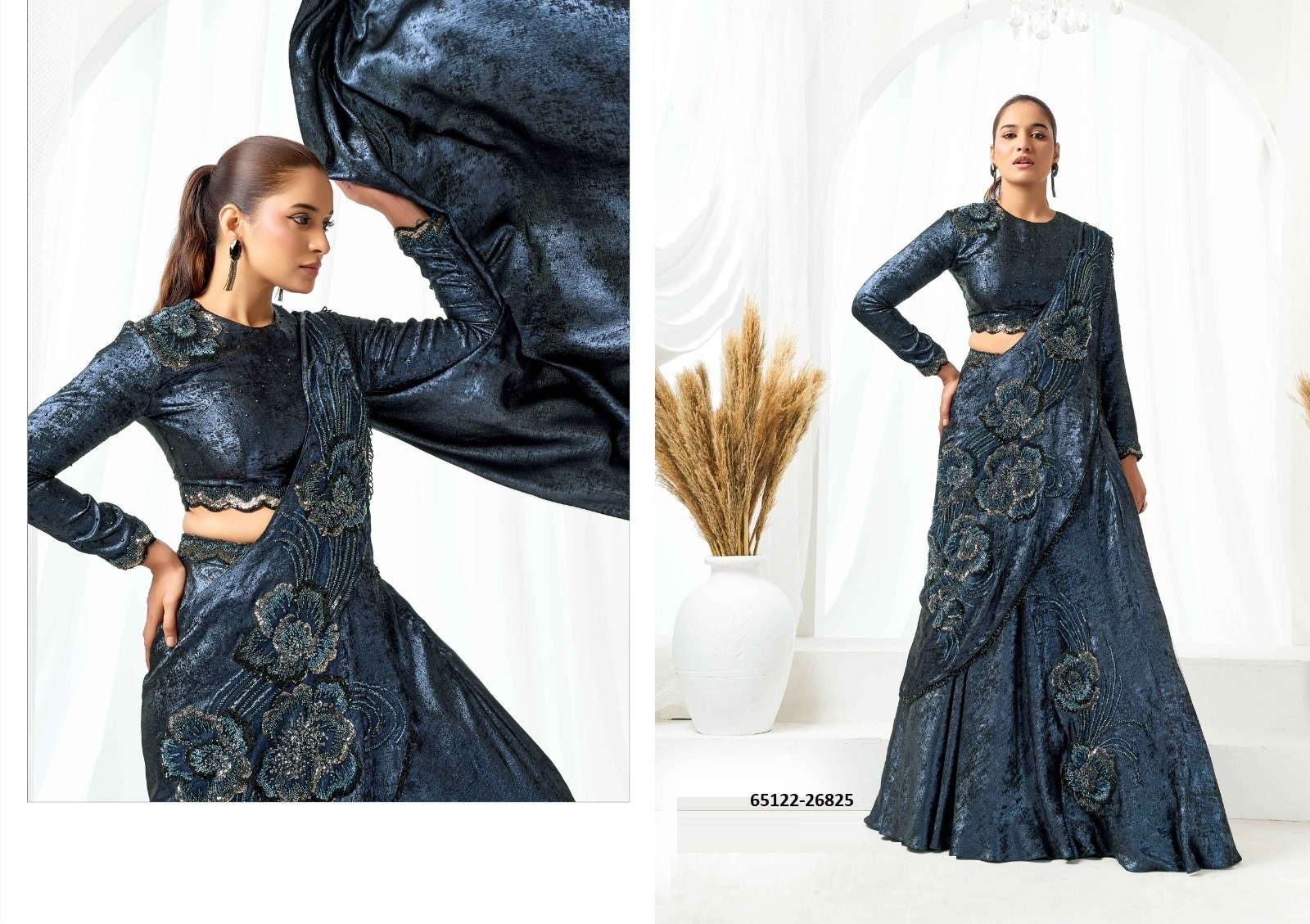 Midnight Blue Metallic Saree Lehenga – 65122-26825