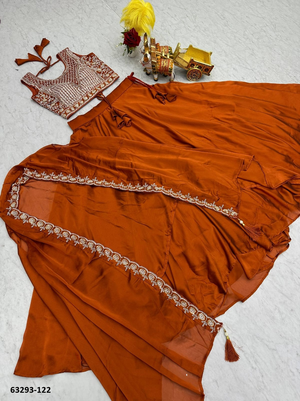 Rust Orange Silk Embroidery Lehenga Set