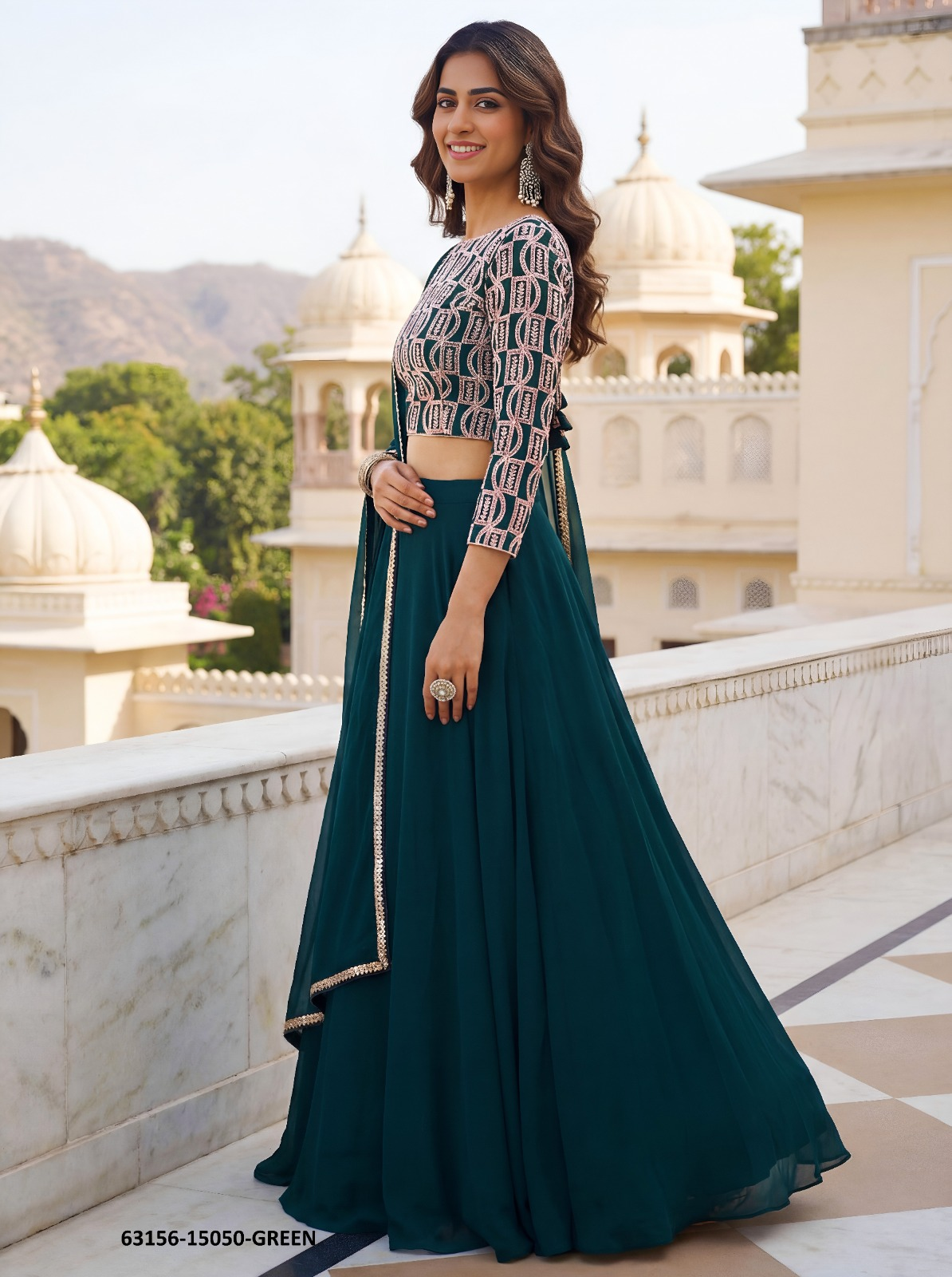 Emerald Green Georgette Embroidery Lehenga Set