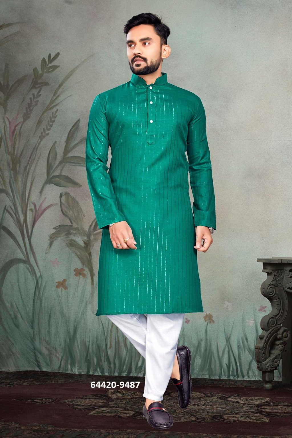 Heren Kurta Pajama - Smaragdgroen Pure Slub Cotton (9487)