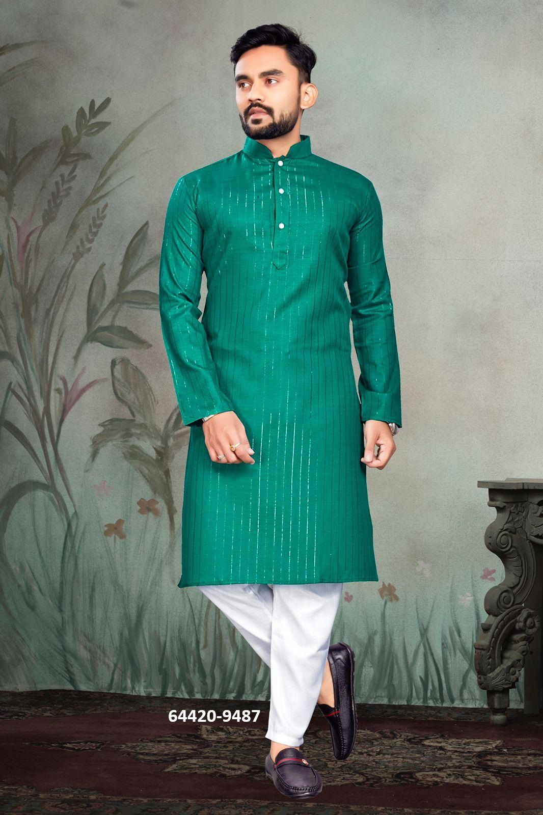 Heren Kurta Pajama - Smaragdgroen Pure Slub Cotton (9487)