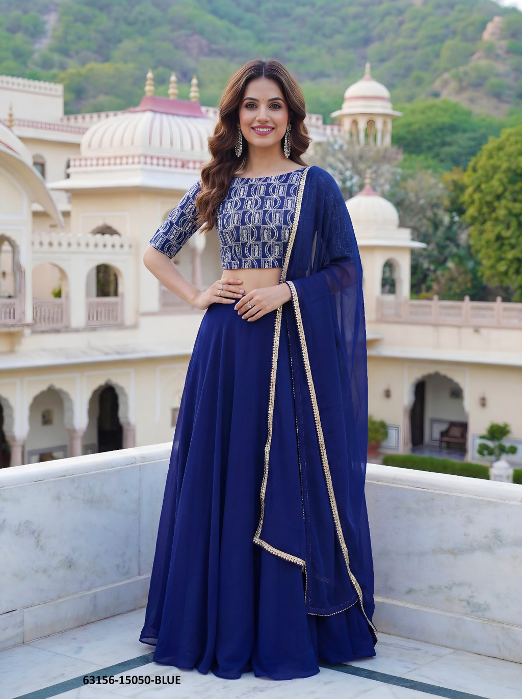 Navy Blue Georgette Embroidery Lehenga Set