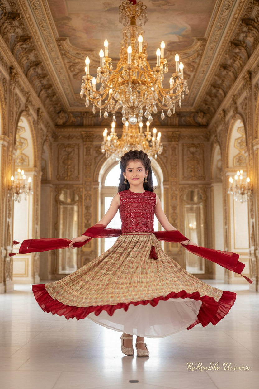 Little Lady Rood Goud Lehenga - paleis twirl pose