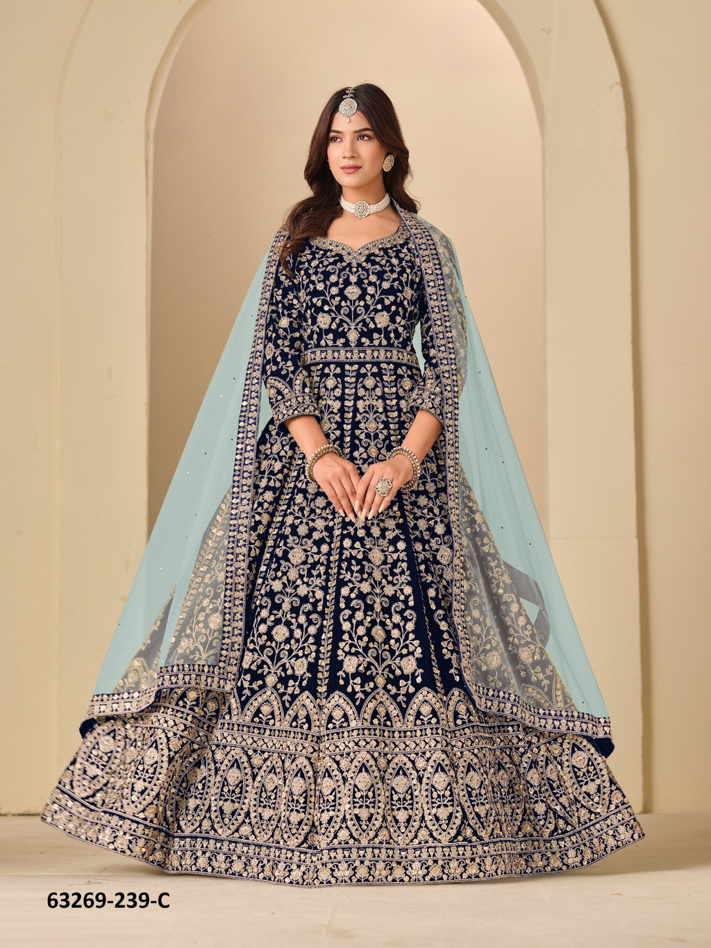 Navy Blue Velvet Anarkali Floor-Length Suit
