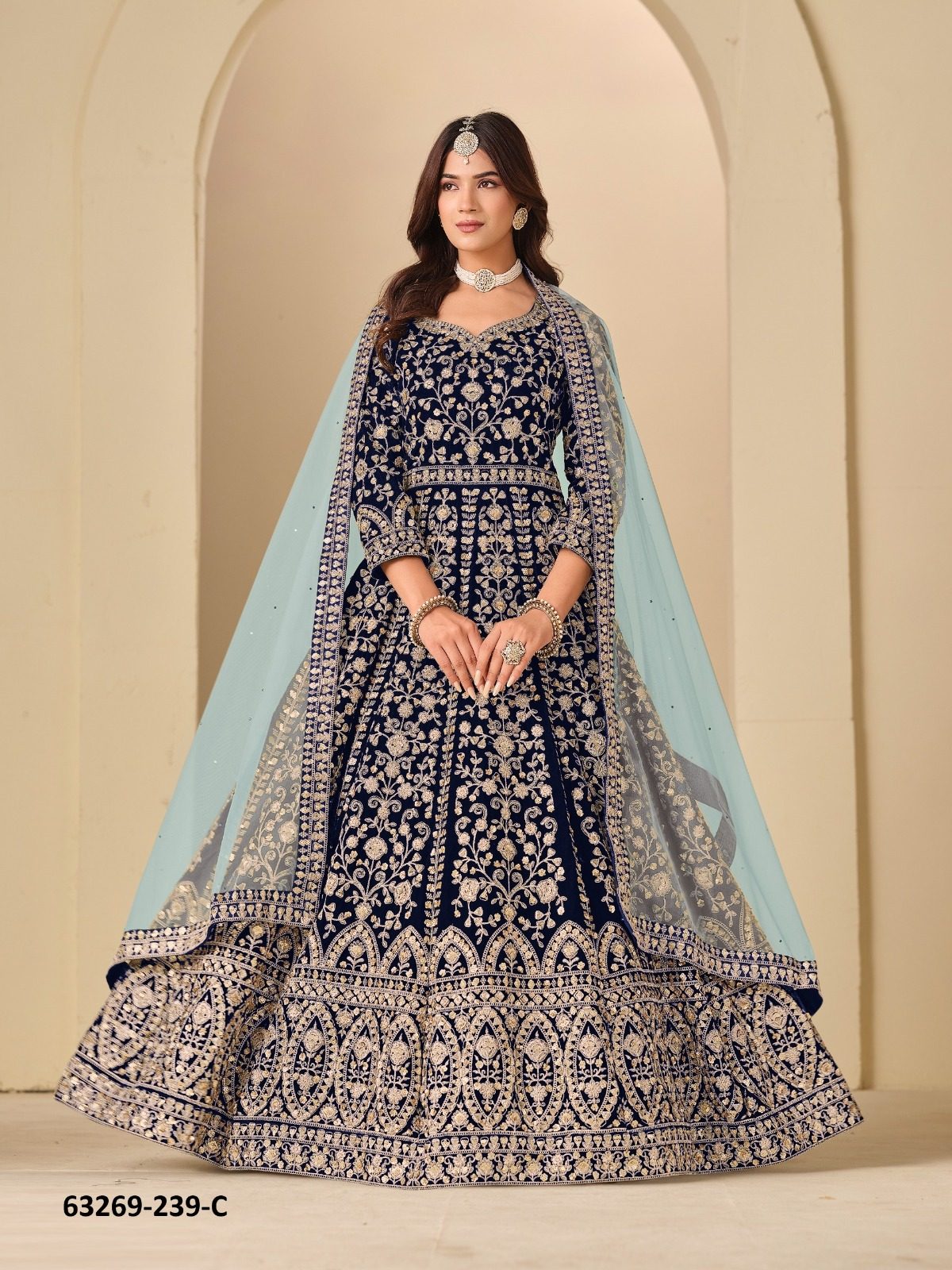 Navy Blue Velvet Anarkali Floor-Length Suit