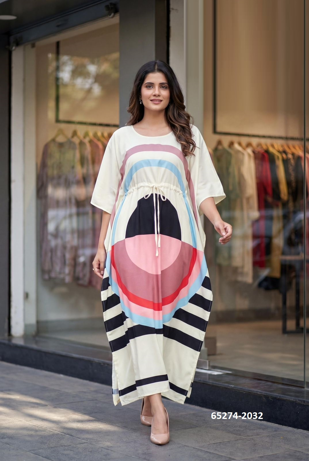 Kaftan / Poncho - Crème met Abstracte Cirkel Print | Free Size