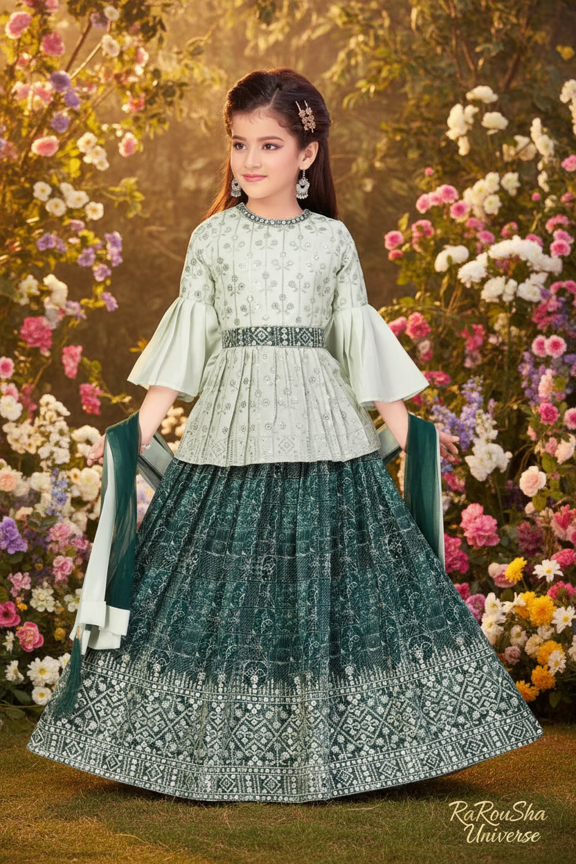 Little Lady Mintgroen Smaragd Lehenga - tuin frontale pose