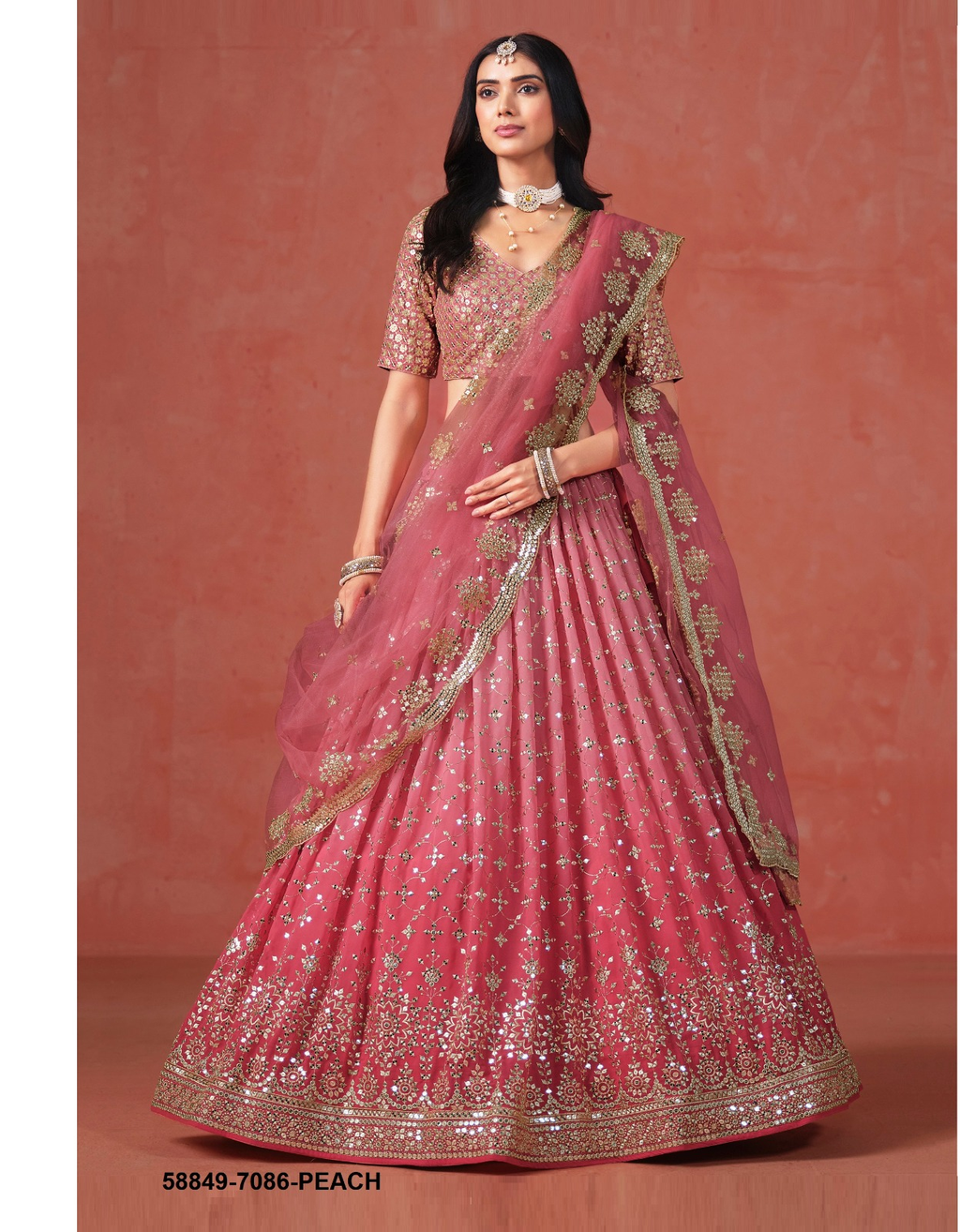Peach Georgette Sequins Lehenga – 58849-7086-Peach