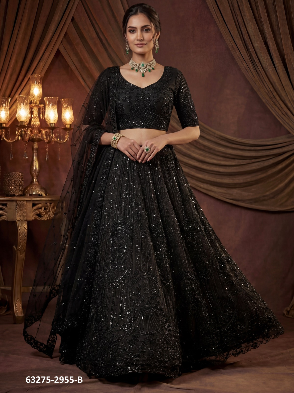 Black Satin Sequins Lehenga Set