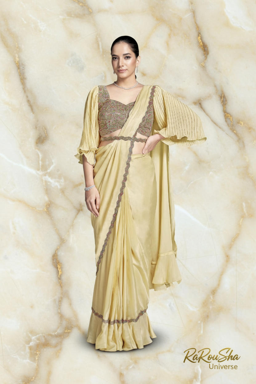 Selene Light Yellow Saree - Marmeren achtergrond - RaRouSha Universe