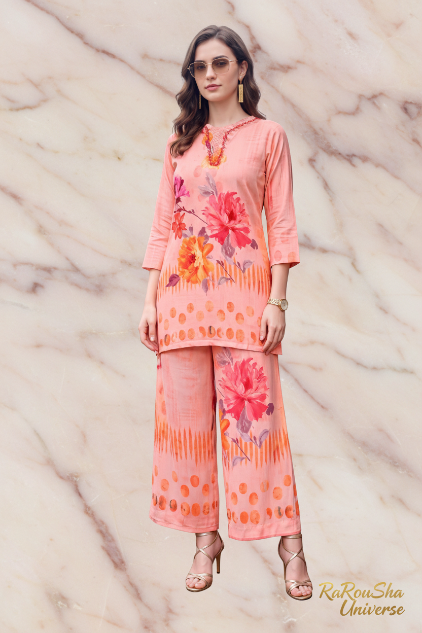 Peach Floral Co-ord Set marmeren achtergrond