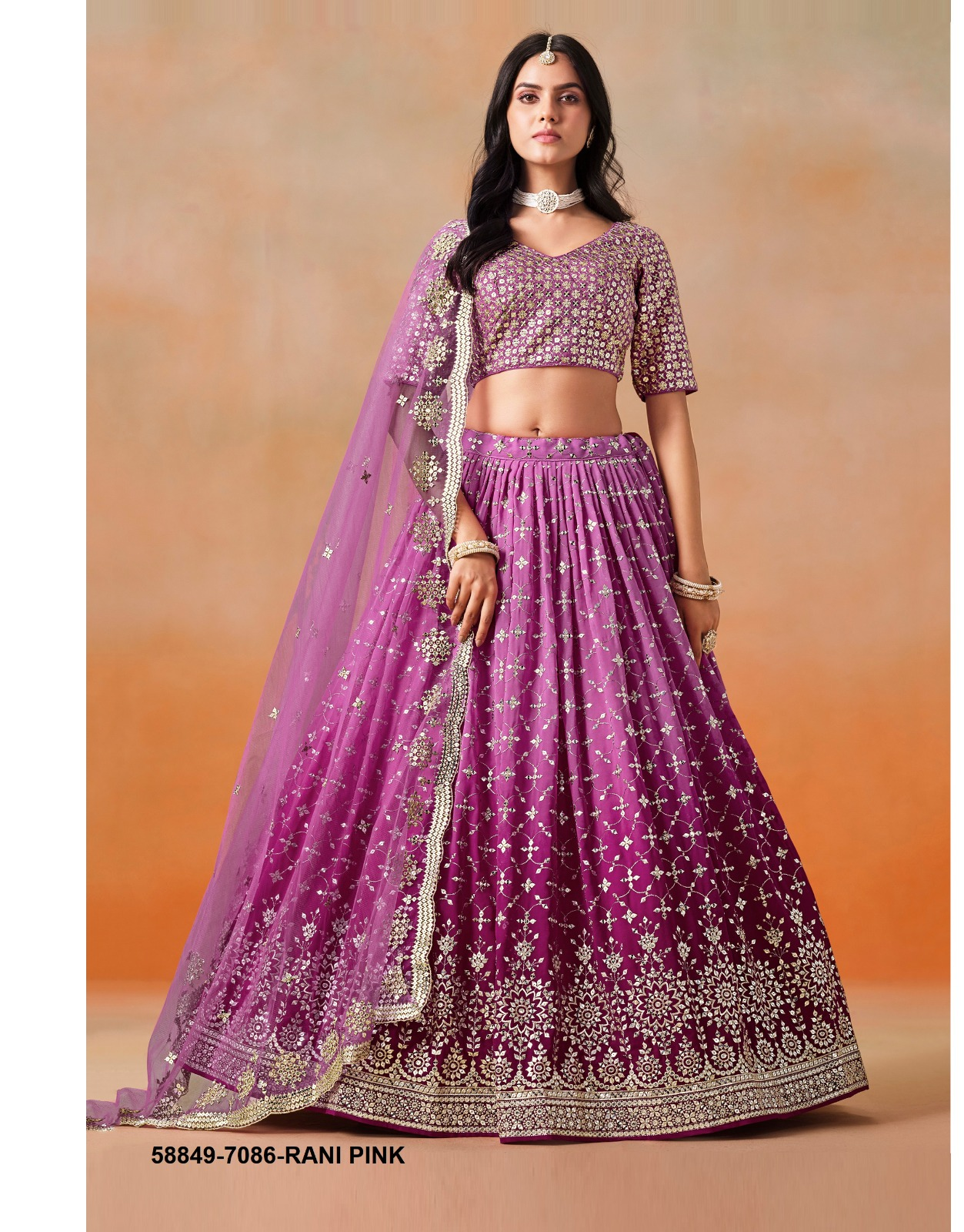 Rani Pink Georgette Sequins Lehenga – 58849-7086-Rani Pink