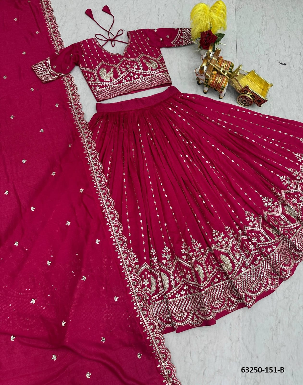 Magenta Vichitra Silk Embroidery Lehenga Set