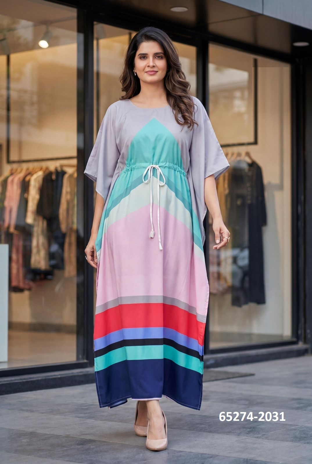 Kaftan / Poncho - Grijs & Mint Kleurblok | Free Size