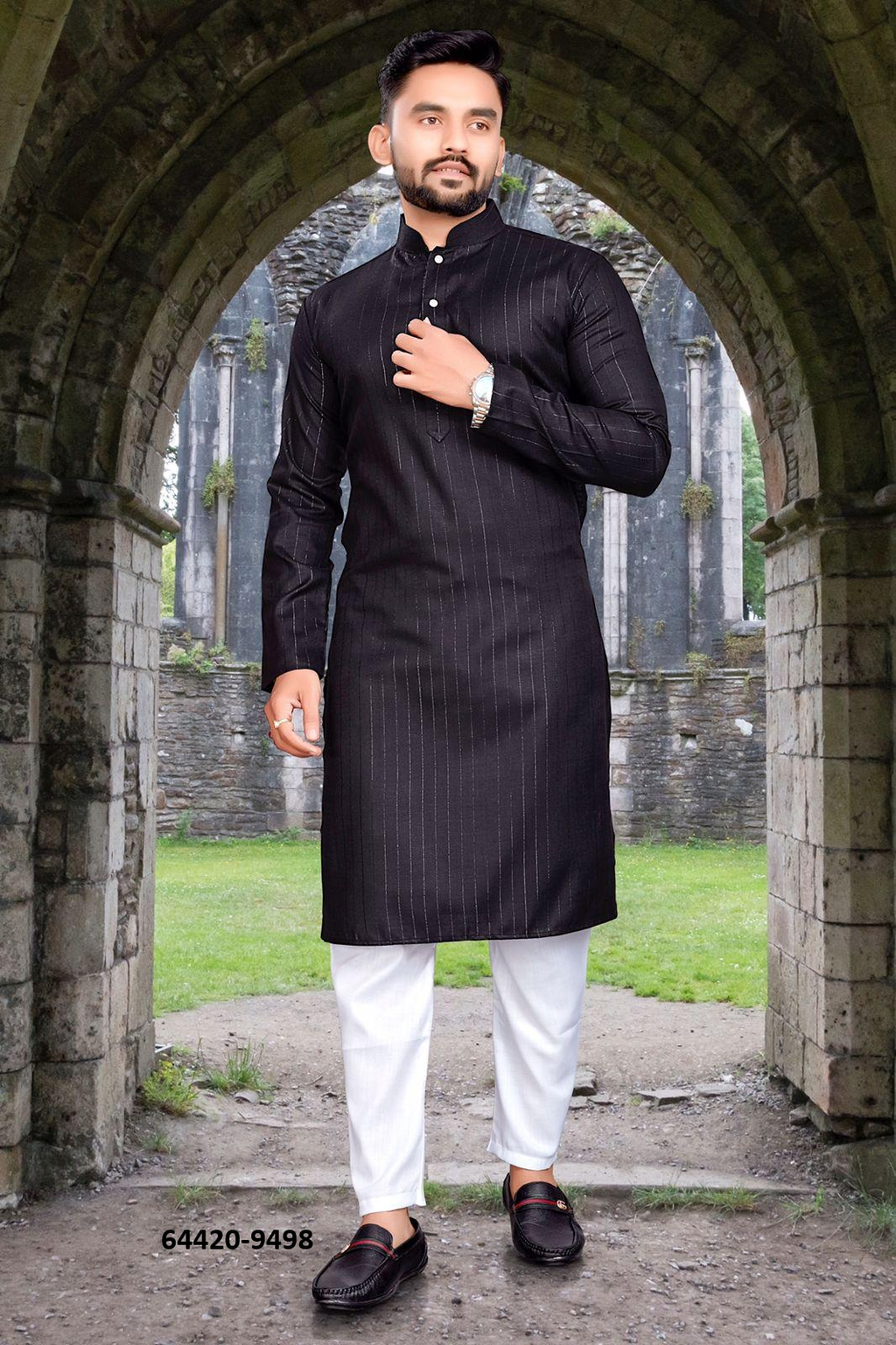 Heren Kurta Pajama - Zwart Pure Slub Cotton (9498)