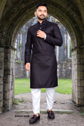 Heren Kurta Pajama - Zwart Pure Slub Cotton (9498)