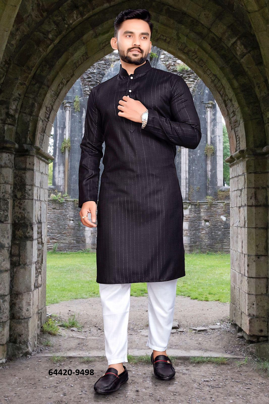 Heren Kurta Pajama - Zwart Pure Slub Cotton (9498)