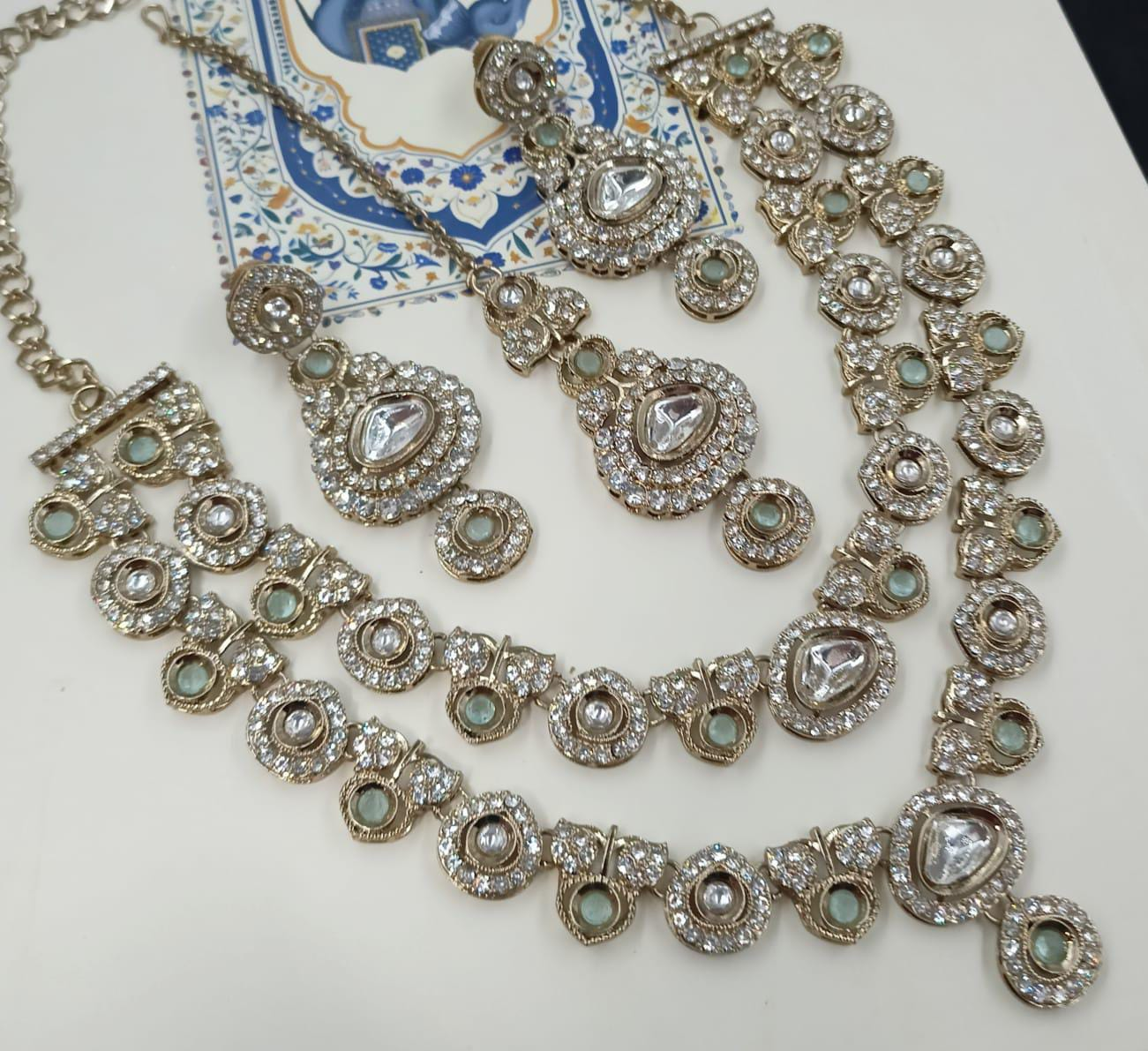 Dubbellaagse Polki Halsketting Sieradenset | Ketting & Oorbellen met Mintgroene Parelmoer