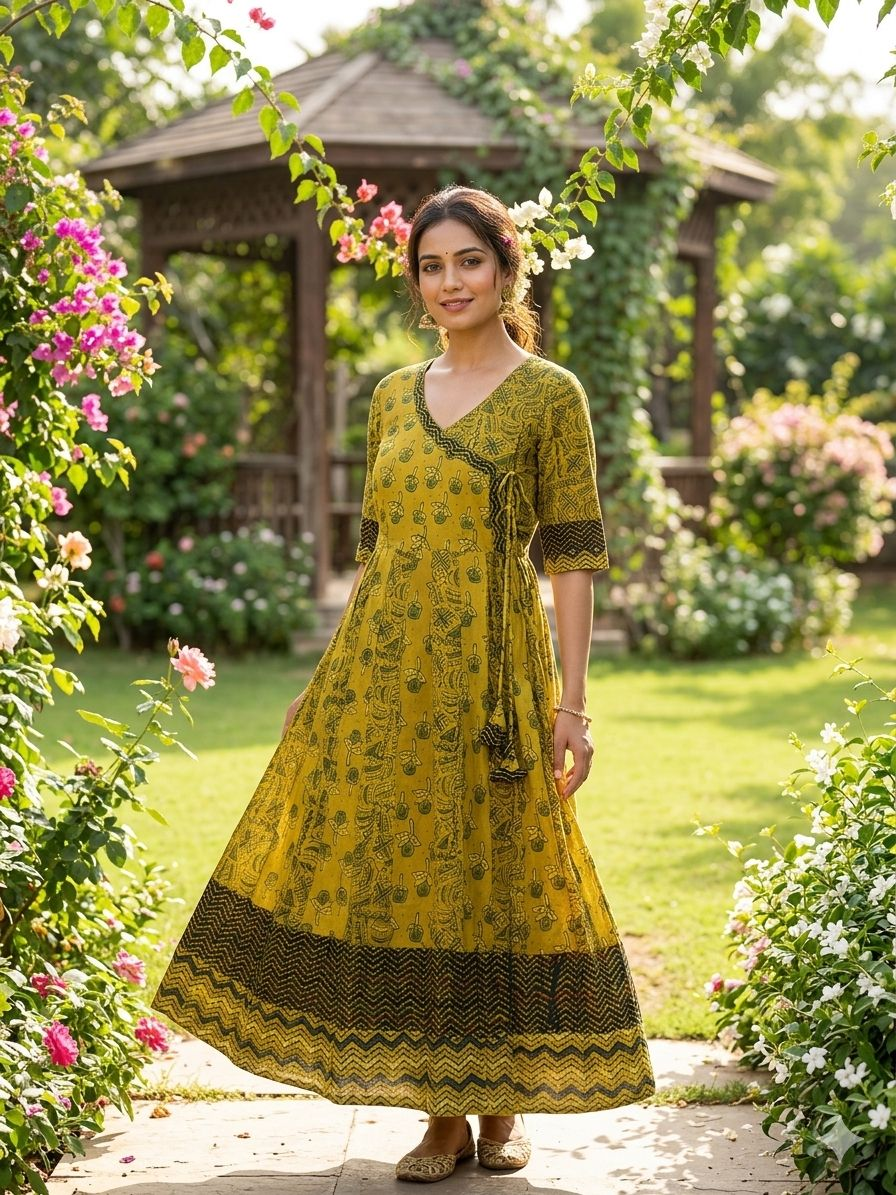 Rakha Kurti - Olijfgeel Bloemenprint