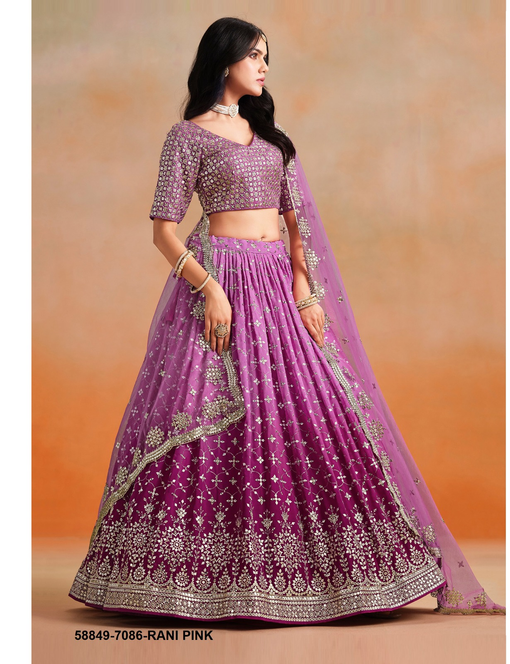 Rani Pink Georgette Sequins Lehenga – 58849-7086-Rani Pink