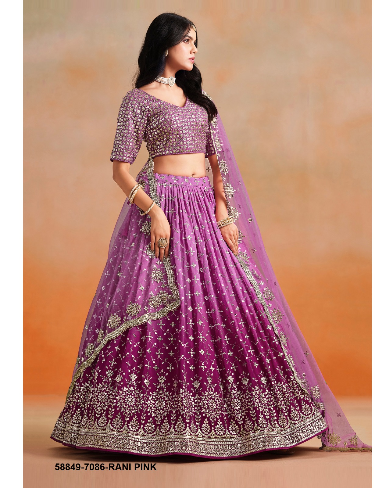 Rani Pink Georgette Sequins Lehenga – 58849-7086-Rani Pink