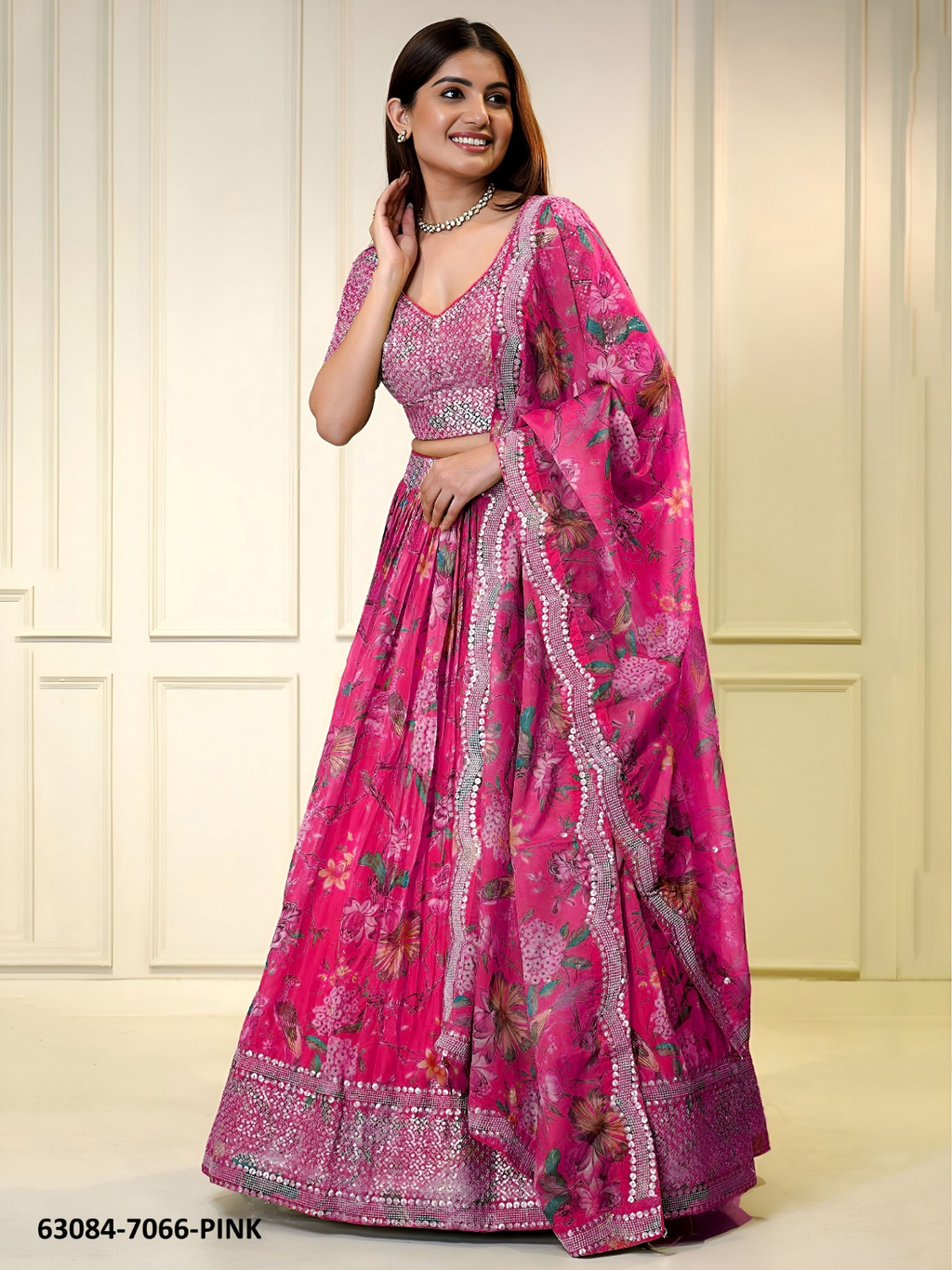 Pink Floral Organza Lehenga Set