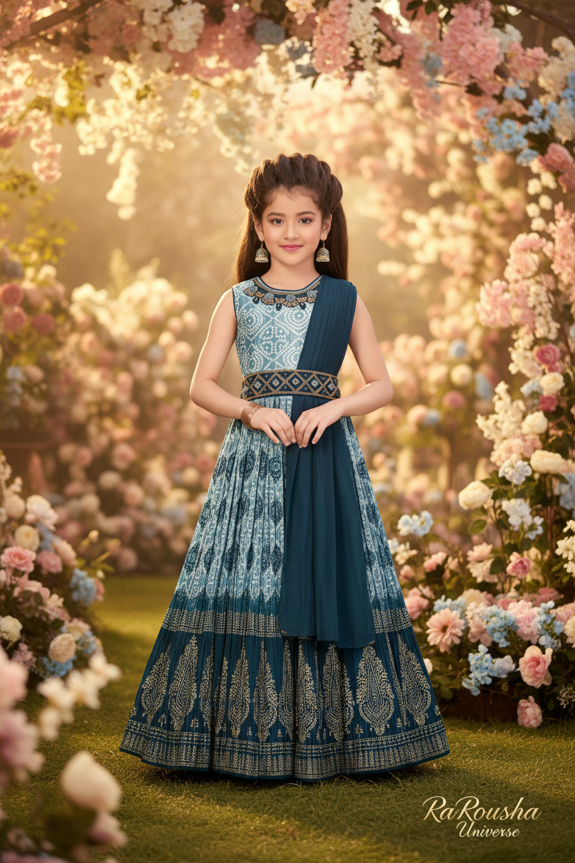 Little Lady Blauw Bandhani Lehenga - tuin frontale pose