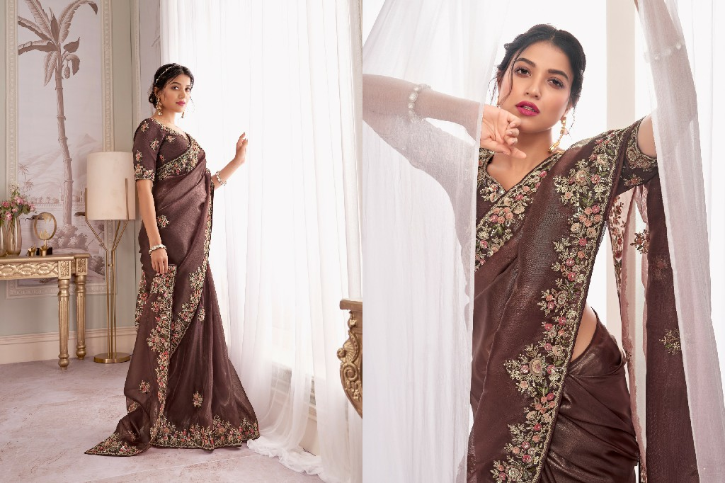 Sanjana Bridal - Chocoladebruin Bloemen Bridal Saree