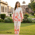 Lora Vogue Co-ord Set - Crème met Koraalrode Lotus Print