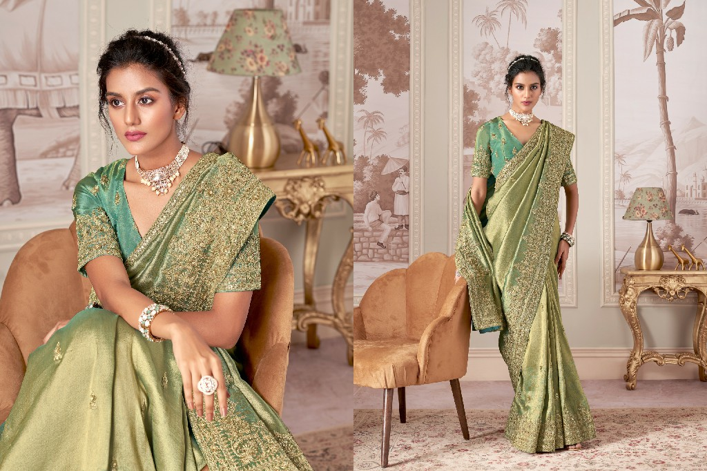 Sanjana Bridal - Saliegroen & Goud Bridal Saree