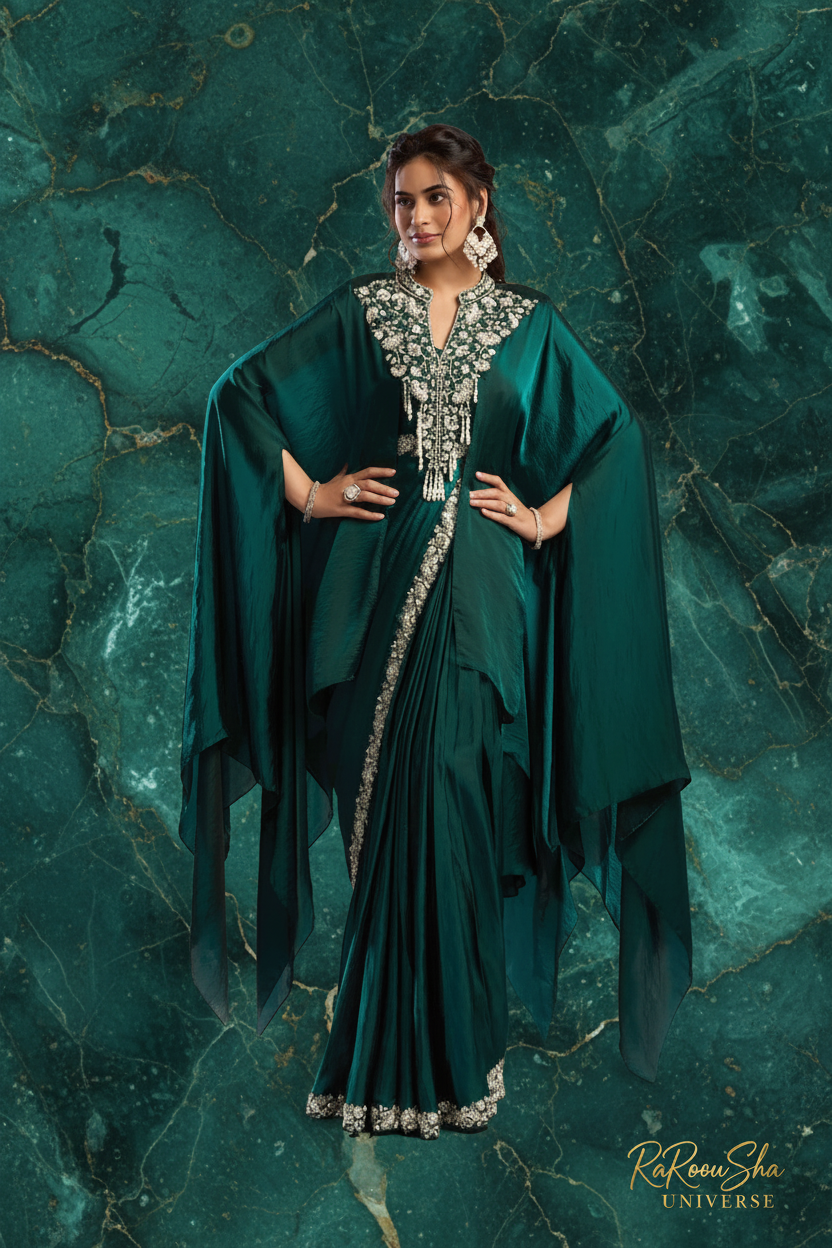 Selene Emerald Green Saree - Marmeren achtergrond - RaRouSha Universe