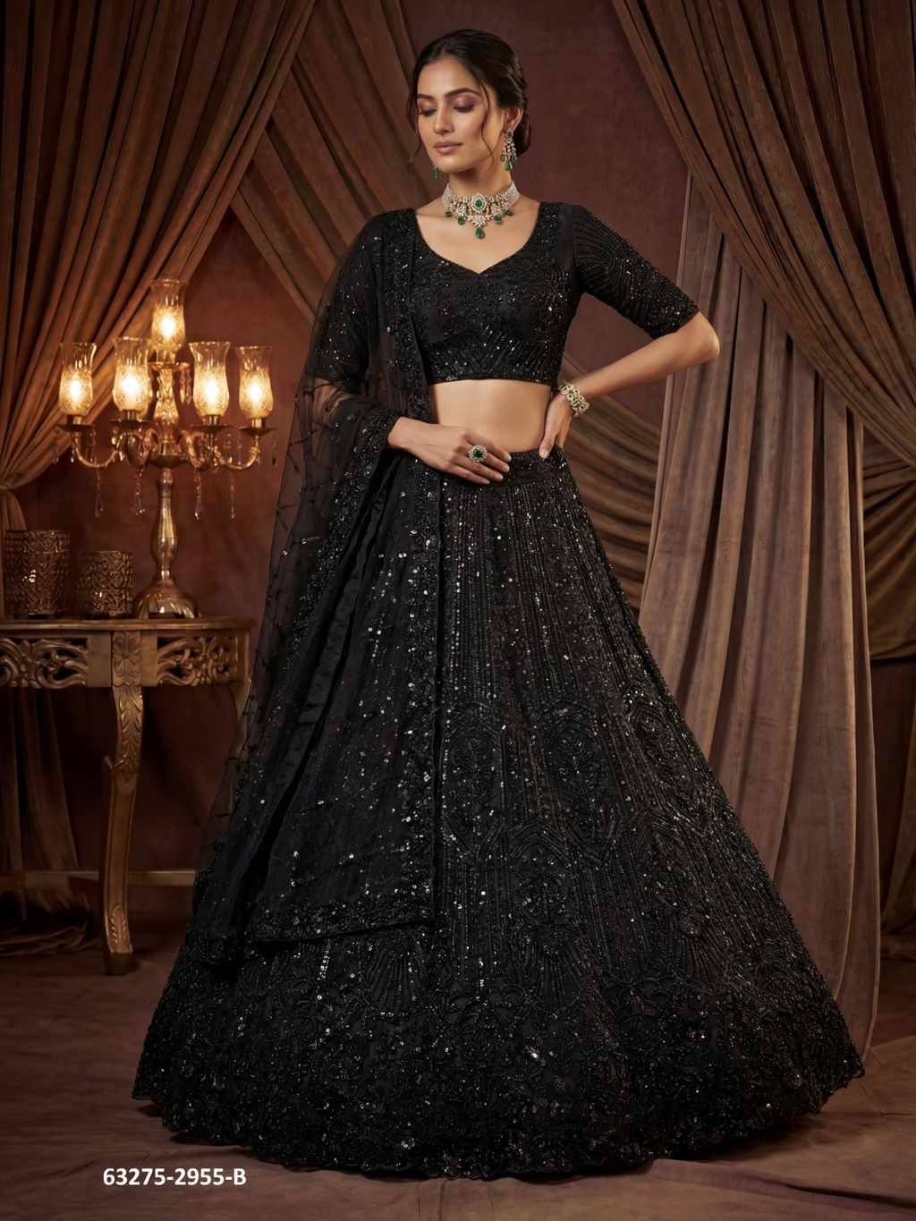 Black Satin Sequins Lehenga Set
