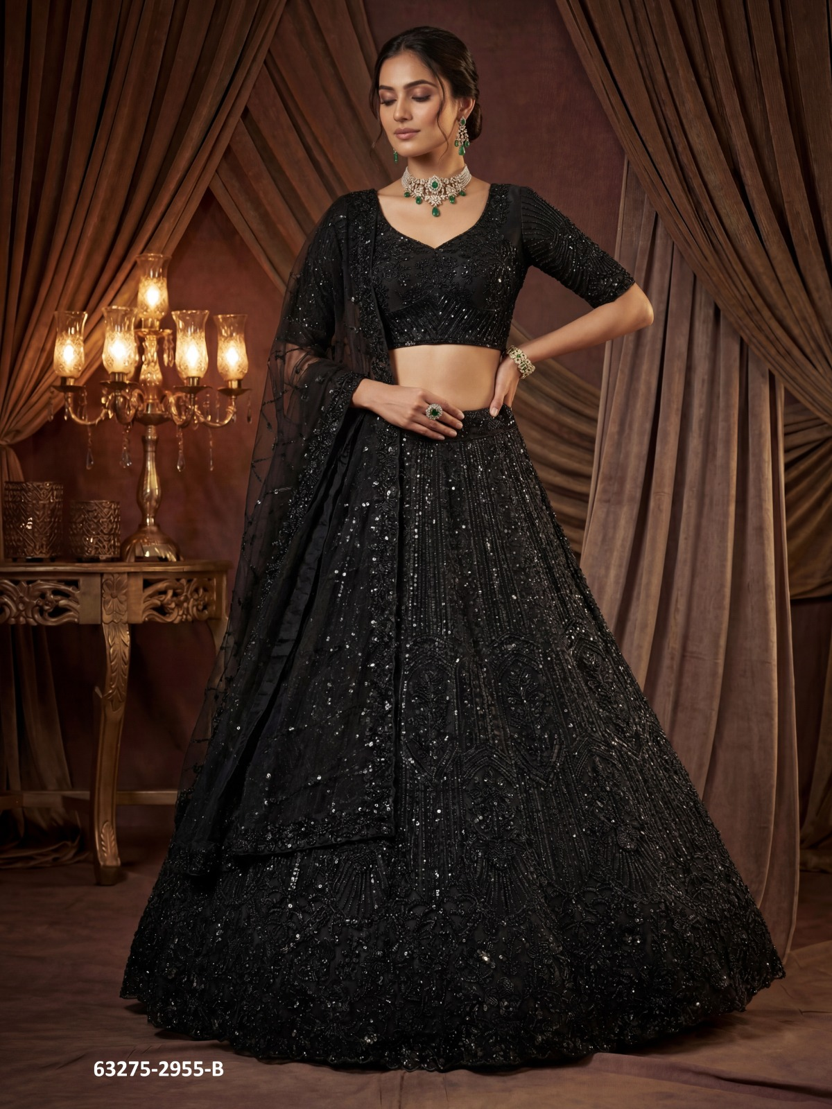 Black Satin Sequins Lehenga Set