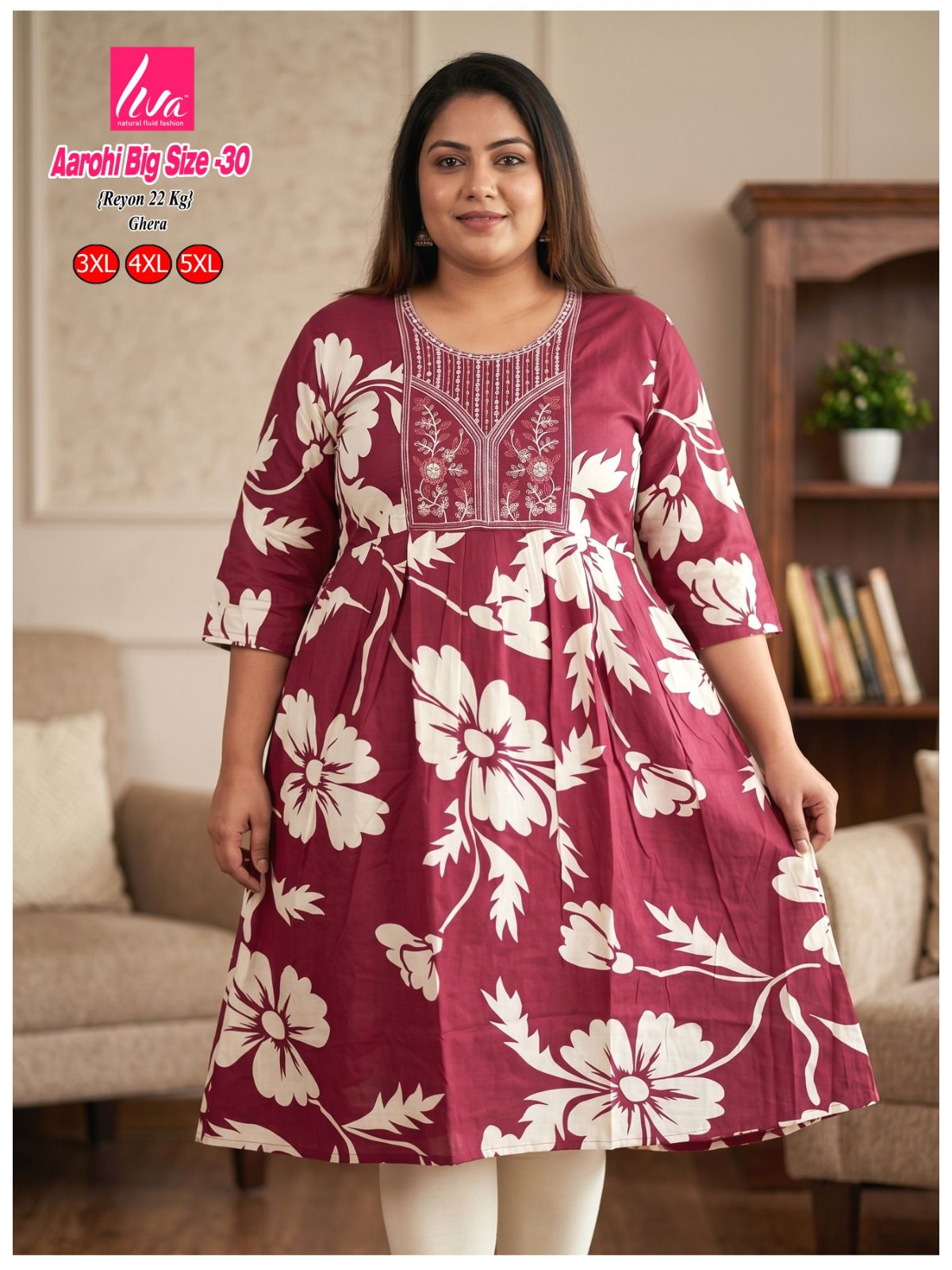 Liva Ghera Big Size Kurti - Wijnrood met Witte Bloemenprint | Plus Size