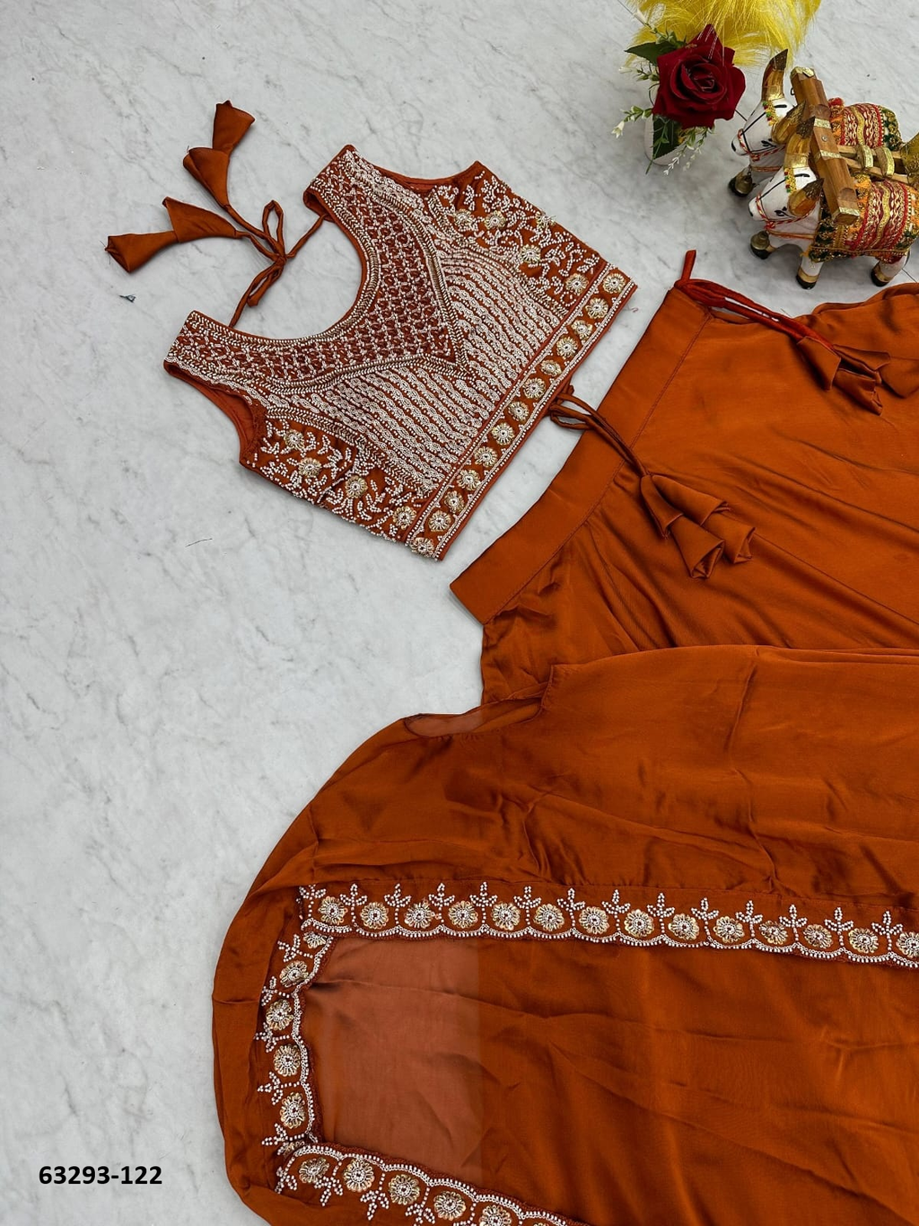 Rust Orange Silk Embroidery Lehenga Set